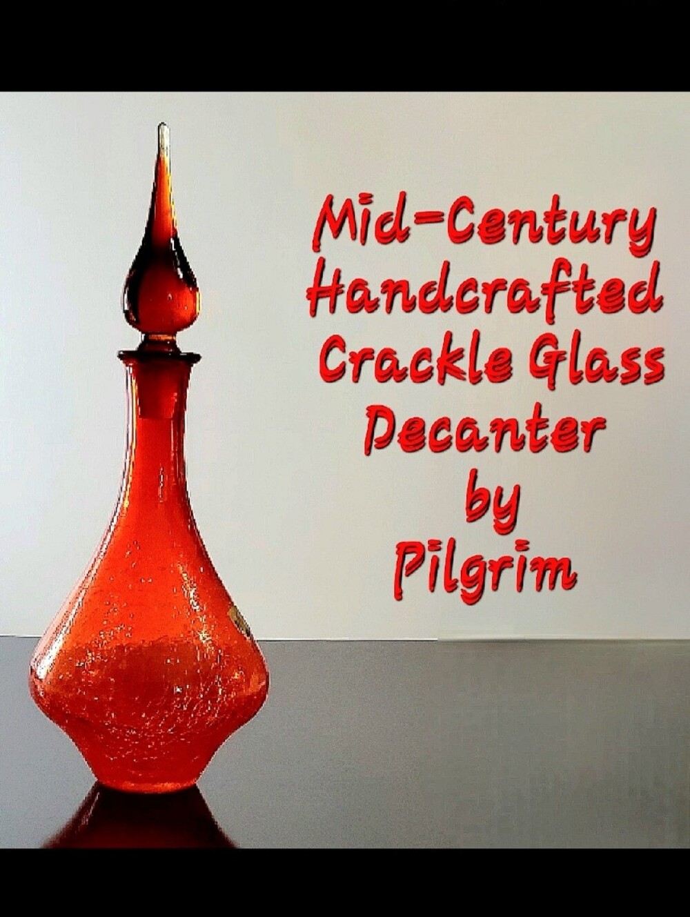 Vntg Tangerine Amberina 14" Crackle Glass Decanter& Flame Stopper by Pilgrim